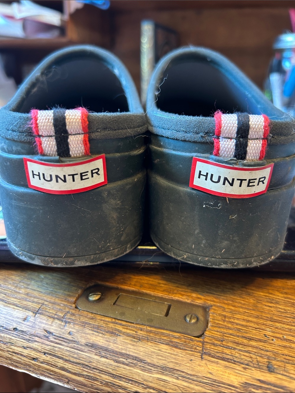Hunter Black Slip-On Rain Clogs with Red-Trim Heel Tabs